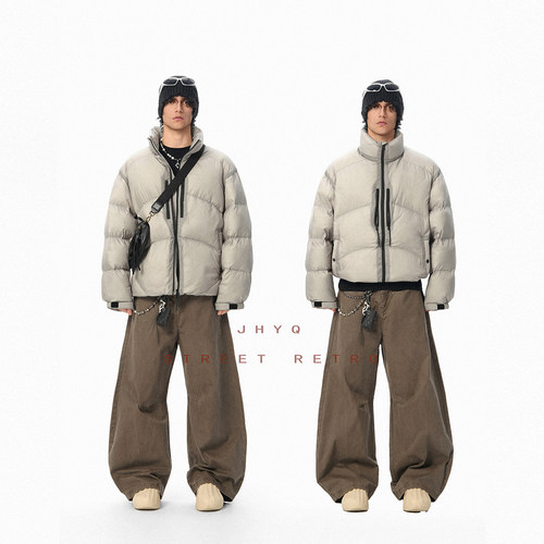 【高充绒】JHYQ美式90白鸭绒复古立领短款羽绒服男防寒面包服外套 - 图1
