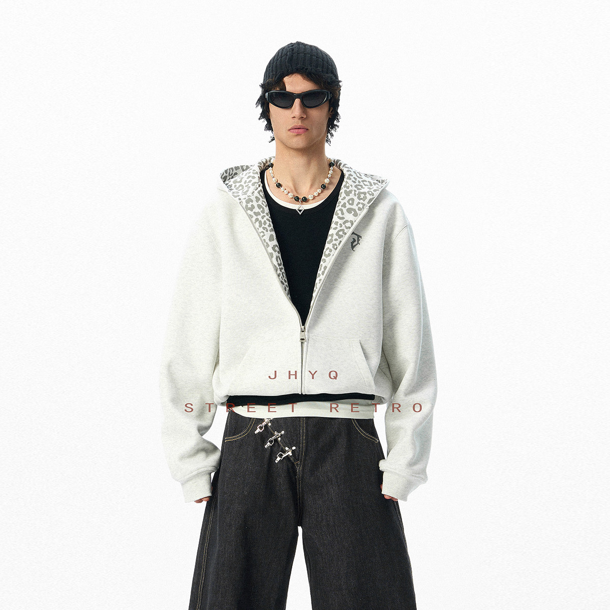 豹纹系列丨JHYQ短版型卫衣美式宽松慵懒加大帽沿连帽男女开衫外套,淘宝优惠券,粉丝福利购,淘宝优惠卷
