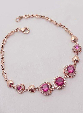 俄罗斯585紫金镶嵌红石爱心手链女款欧洲镀18K玫瑰金轻奢精致饰品