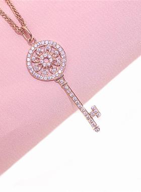 俄罗斯585紫金镶嵌锆石钥匙吊坠项链女款时尚韩版镀14K玫瑰金礼物