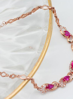 俄罗斯585紫金镶嵌红石椭圆手链女时百搭镀18k玫瑰金气质轻奢礼物