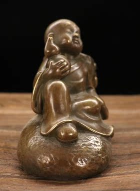 纯铜复古收藏笔筒摆件小和尚梅花笔筒办公室书房装饰品送长辈礼品