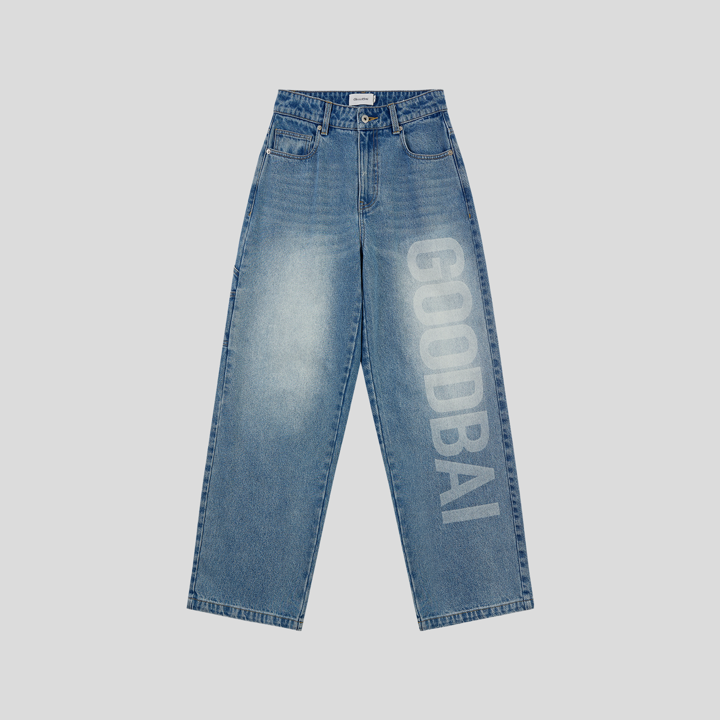GOODBAI logo同色大印花经典直筒牛仔裤 - 图1