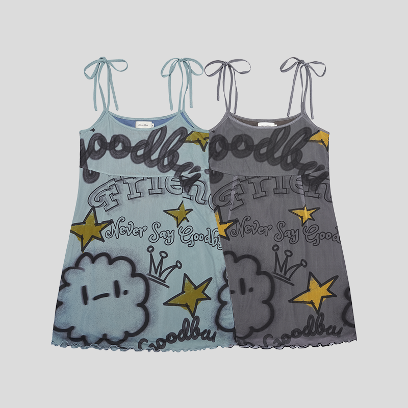 GOODBAI GOODEES图案印花网纱吊带连衣裙,淘宝优惠券,粉丝福利购,淘宝优惠卷