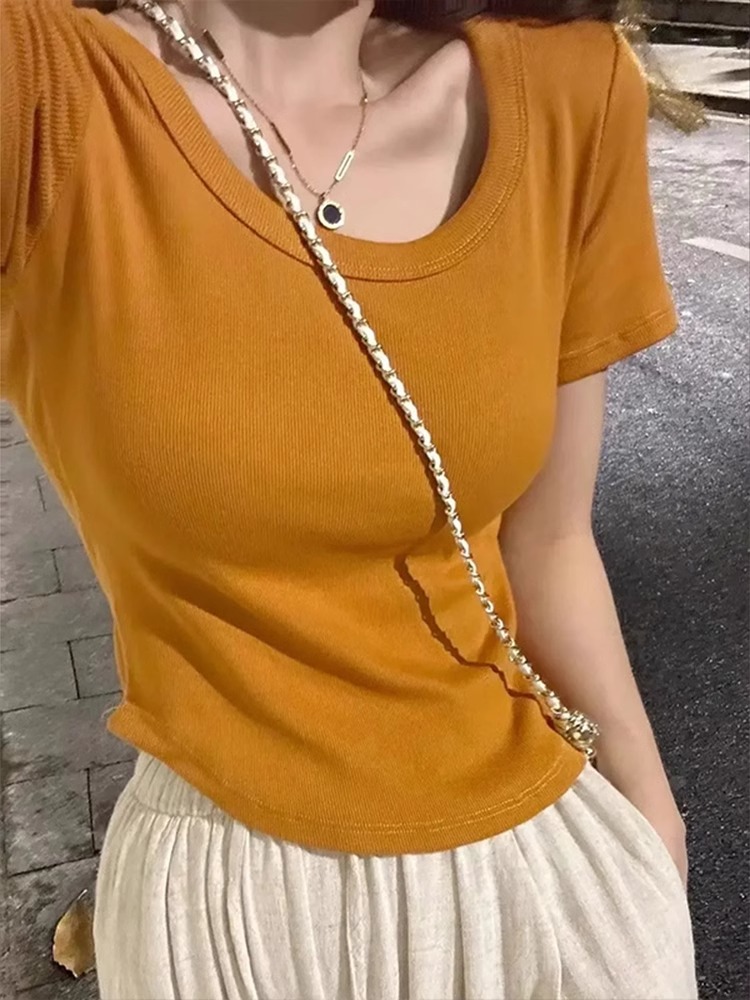 多巴胺夏季穿搭修身显瘦新款弧形下摆设计感短款短袖上衣女装韩版