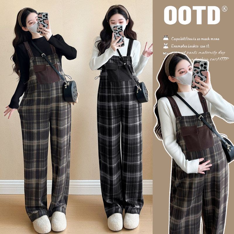 孕妇装加绒套装2025新款减龄格子孕妇背带裤毛衣打底衫秋冬两件套,淘宝优惠券,粉丝福利购,淘宝优惠卷