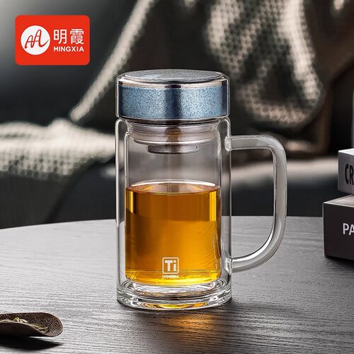 【精美礼盒】纯钛把手玻璃杯双层定制生肖男办公茶杯大容量水杯 - 图3