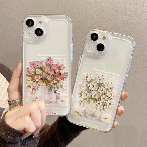 适用苹果14promax太空手机壳iphone13保护软全包mini防摔11油画12少女新品7 8plus花朵6p高级感xr清新se文艺x-图0