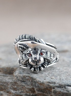新款泰银复古生肖猫戒指时尚霸气个性潮羽毛开口可调男士食指环