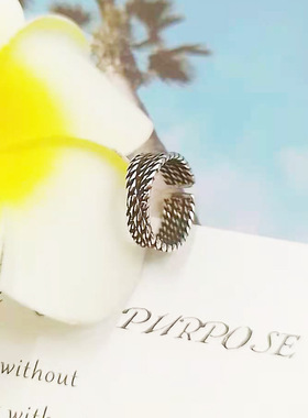 韩版时尚个性编织锁链戒指复古泰银手工编织麻花锁链个性开口指环