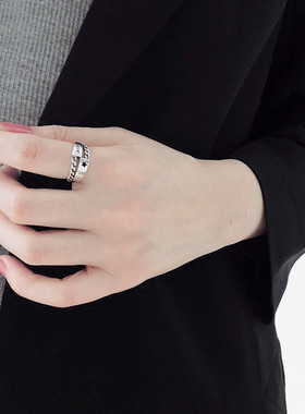 简约森系泰银五角星戒指女时尚个性做旧复古字母锁链戒指开口饰品