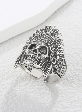 新款欧美朋克个性骷髅头戒指复古时尚印第安人头像摇滚泰银指环