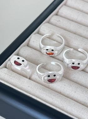 新款甜美可爱磨砂彩钻笑脸戒指表情包锆石开口设计时尚百搭指环