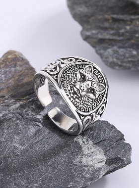 新款复古泰银夸张纹路猎豹戒指男士个性几何型嘻哈新款潮食指戒戒