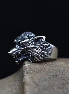 新品复古新品精雕狼头戒指男泰银孤傲霸气个性圈口可调节戒指环