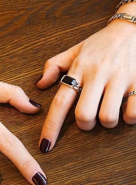 2024新款日韩系长方形滴胶锁链戒指女复古时尚个性泰银指环代发戒