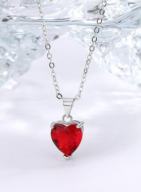 新款轻奢风浪漫红色桃心精致皓石项链时尚简约百搭心形吊坠锁骨链