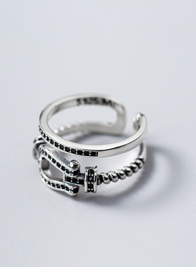 时尚八心八箭镶钻皮带双层指环简约气质满钻戒指女个性开口食指戒