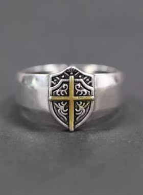 新款欧美风复古自由骑士盾章十字戒指男士个性潮人时尚开口指环