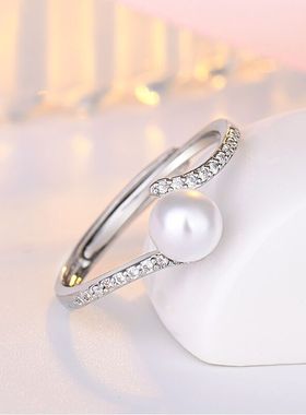 新款森系气质镶钻V字珍珠戒指甜美小清新感日系轻奢食指戒女戒指