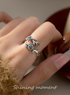 新款韩系少女泰银玫瑰花枝叶戒指做旧个性甜美树叶百搭女食指戒