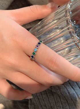 新品韩版彩色圆形锆石戒指女式复古时尚璀璨拼色气质甜美简约指环