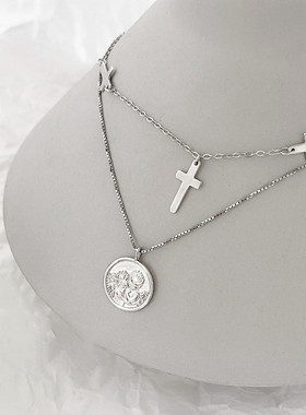日韩版小众气质圆牌天使项链女锁骨链个性设计双层十字架吊坠项链