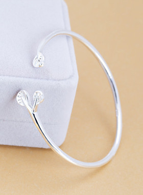 简约气质森系树叶手镯韩版时尚小清新素银橄榄叶开口手镯手环饰品