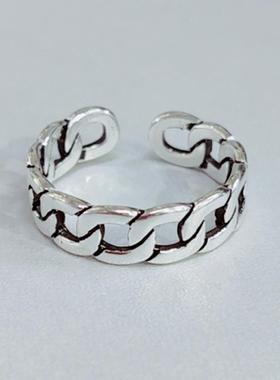 复古泰银链条指环简约做旧锁链戒指霸气镂空紧扣开口戒指女饰品戒