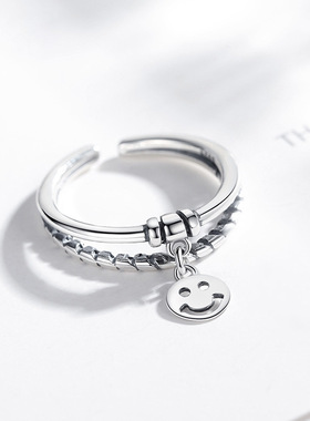 新款小众圆牌镂空笑脸戒指女时尚个性ins潮双层微笑麻花开口指环