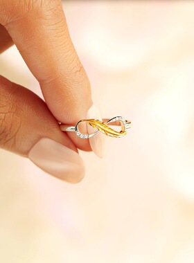新品跨境热销新品金银撞色黄金色羽毛8字镶钻时尚简约戒指指环女
