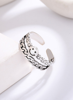 韩版复古做旧双层锁链戒指女时尚个性森系小巧泰银笑脸戒指环饰品