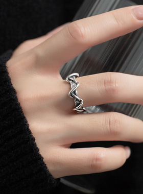 新品韩版气质复古波浪风泰银线条交织戒指线条交叉个性波浪指环