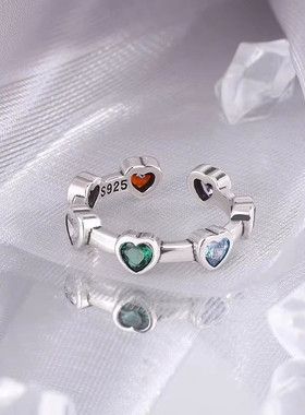 新款韩国风彩色爱心心形戒指女时尚新品复古高级感开口精致指环