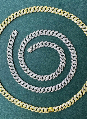 LUCKJAY S925纯银满钻项链男款潮流泡泡古巴链嘻哈锁骨链欧美颈链