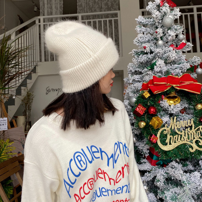 【兔毛】白色毛线帽子女潮韩国ins潮秋冬日系冷帽保暖套头针织帽