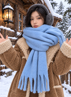 蓝色围巾女冬季氛围感加厚保暖纯色防寒克莱因蓝温暖棉毛围脖披肩