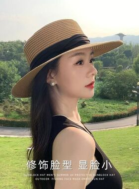 ins系带草编帽草帽海边帽女夏季出游防晒沙滩太阳帽蕾丝边遮阳帽