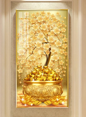 网红入户金色走廊过道背景墙镶钻画玄关挂画进门聚宝盆装