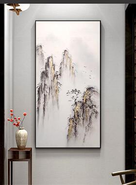 网红新中式山水风景绘手油画大芬村客厅玄关挂画款装饰画水竖墨禅