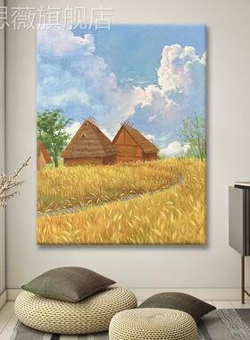 网红金色小稻田手乡绘画村田园屋风景装饰画客玄厅油关挂画丙烯肌