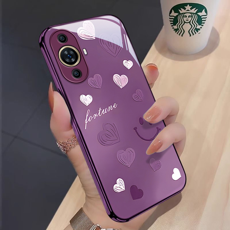 适用华为Nova12活力版网红手机壳潮流简约ins风渐变爱心FIN-AL60金属漆玻璃保护套全包边防摔壳 - 图3