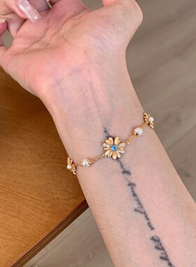 【特价】中古金色闪钻小雏菊珍珠手链轻奢高级感微镶锆石叠戴手饰