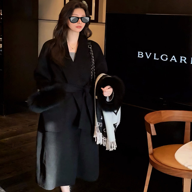 【特价】显瘦百搭秋冬100羊毛双面羊绒大衣女中长款黑色狐狸毛袖