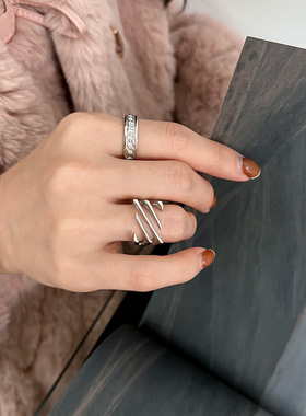 Yooper纯银镂空线条方形戒指女s925银时尚个性小众可调节2024新款