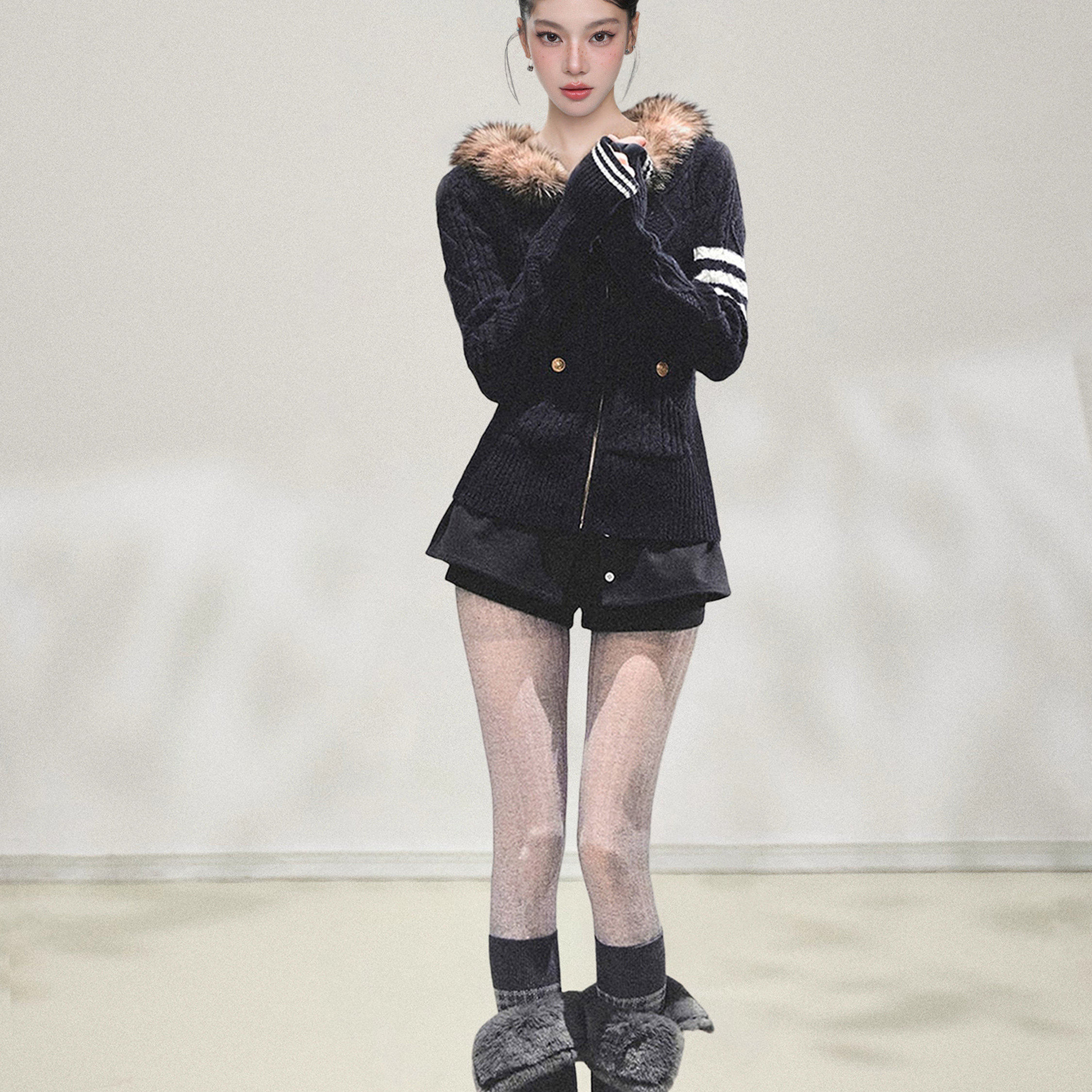 白色毛领连帽拉链麻花毛衣外套女秋冬冬季加厚修身针织衫开衫上衣,淘宝优惠券,粉丝福利购,淘宝优惠卷