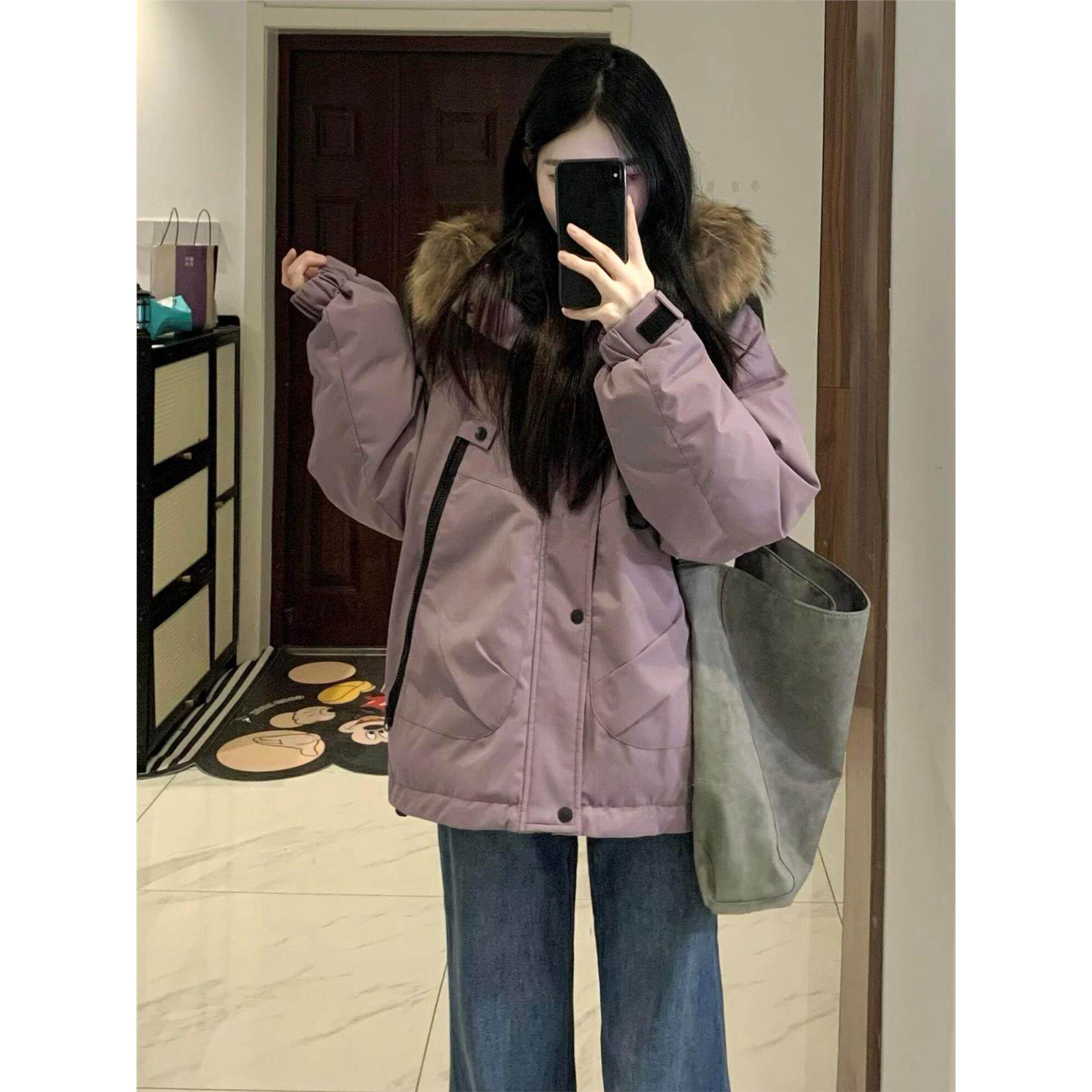 派克服棉服女款2025新款冬季连帽大毛领工装加绒加厚紫色棉衣外套,淘宝优惠券,粉丝福利购,淘宝优惠卷