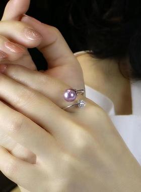 紫色小珍珠贝珠高级戒指正圆极强镀彩金戒指精工时尚ins