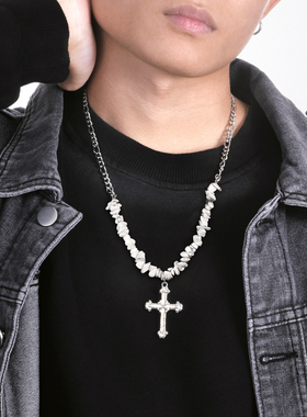 黑色十字架拼接叠戴项链男小众设计锁骨链毛衣链男女款生日礼物