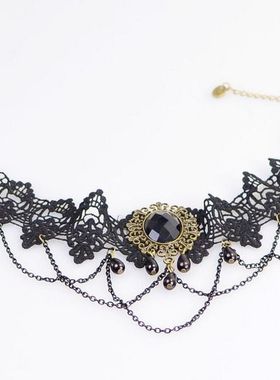 哥特风复古女王黑色颈链蕾丝礼服锁骨夸张项链领子配饰送女友礼物